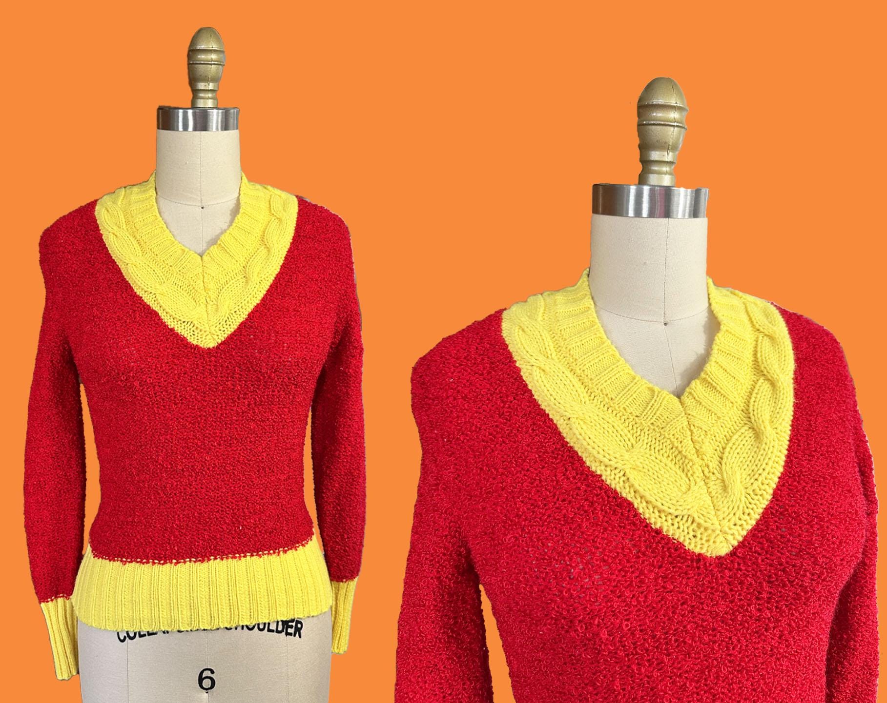 Vintage 1970s Red Yellow Sweater - Pullover V-neck Ketchup Mustard