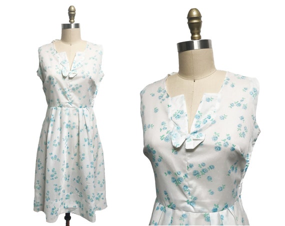 1950s Blue Rose White Polka Dot Sheer Floral Dres… - image 1