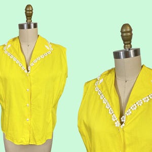 Vintage VOLUP Yellow Tank Top Blouse  - White Flower Trim Details Bust: 45.5&quot;