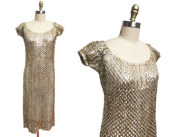 Vintage 1960s Gold Knit Sequin Dress- Mod Sparkle