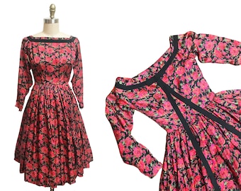 Vintage Late 1950s Early 1960s Rose Pink Red Orange Dress- Silk Black Back Bow Long Ribbon Detail Long Sleeves Waist:24"