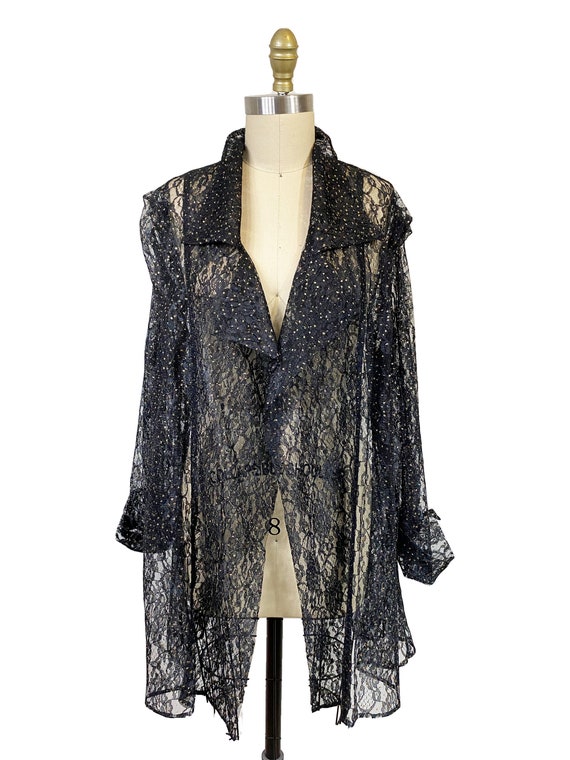 Vintage 1980s Black Lace Blazer - Gold Glitter Po… - image 4