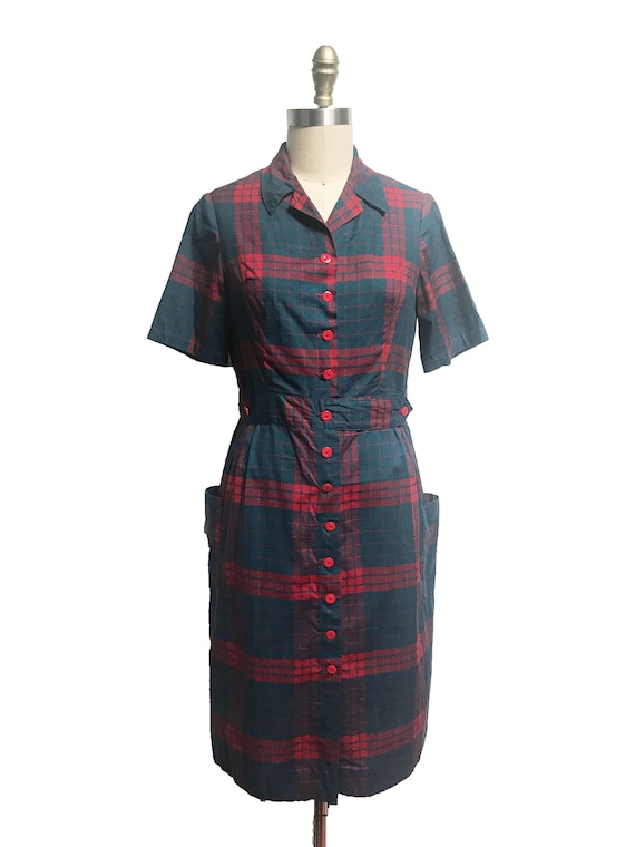 Vintage 1950s VOLUP Red Green Plaid Cotton Dress-… - image 2