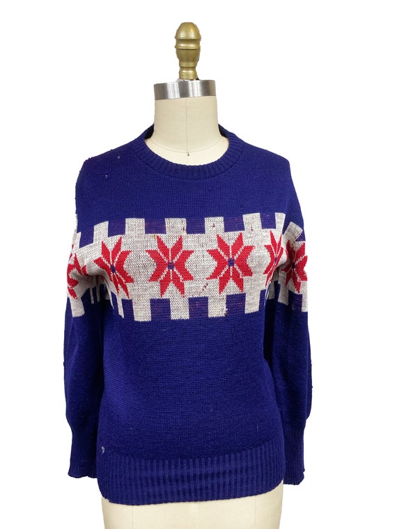 Vintage 1940s Christmas Snowflake Sweater - Navy … - image 2