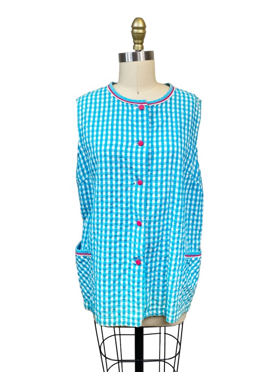 Vintage 1950s Blue White Gingham Tank Top Pink Bu… - image 2