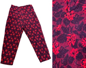 Vintage 1950s Red Black Floral Peddle Pushers - Corduroy High Waisted Capri Pants Waist: 27"