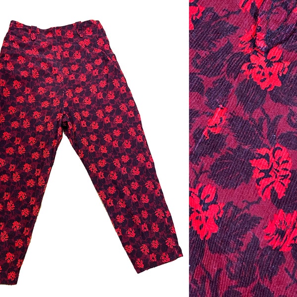 Vintage 1950s Red Black Floral Peddle Pushers - Corduroy High Waisted Capri Pants Waist: 27"