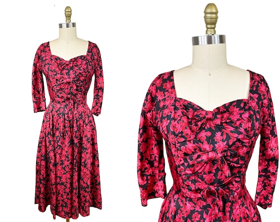 Vintage 1950s Pink Red Flower Print Dress - Long … - image 1