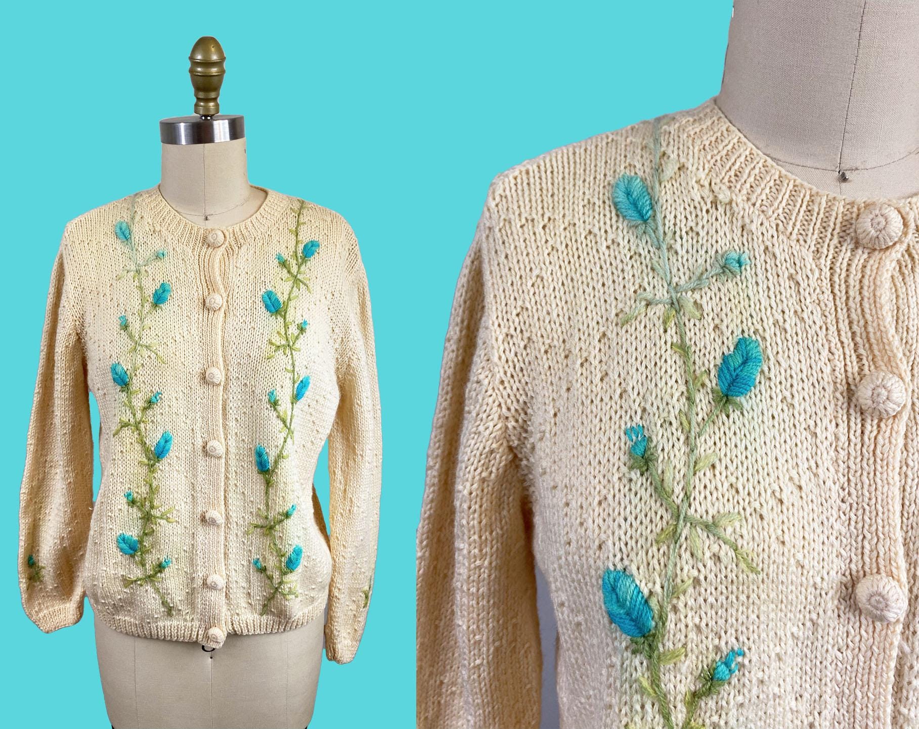 Vintage 1960s Blue Floral Ivory Cardigan - Large Chunk Knit Size