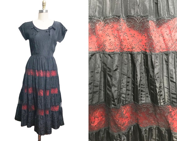 Vintage Black Red Lace Dress - Full Skirt Striped