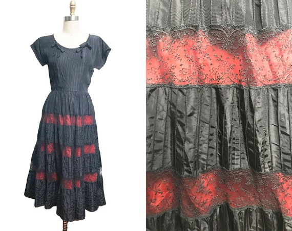 Vintage 1950s Black Red Lace Dress - Full Skirt S… - image 1