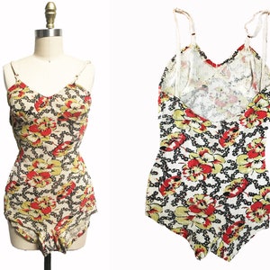 Vintage 1930s Knit Bathing Suit- Pattern One Piece Flower Orange Yellow Swimsuit