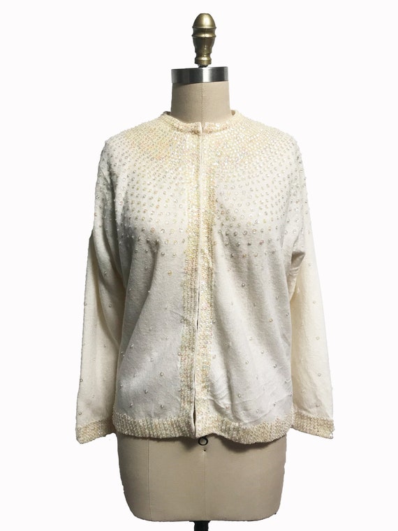 Vintage 1960s 1950s Ivory Cardigan - VOLUP White … - image 3