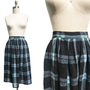 Vintage 1950s Blue Plaid Skirt - Textured Everyday Full Classic  Waist-24&quot;