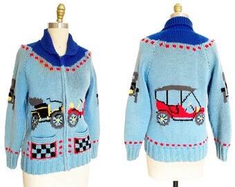 Vintage 1950s Cowichan Old Model T Cars - Blue Race Strips Zip Front Knit Sweater Size: Small / Medium