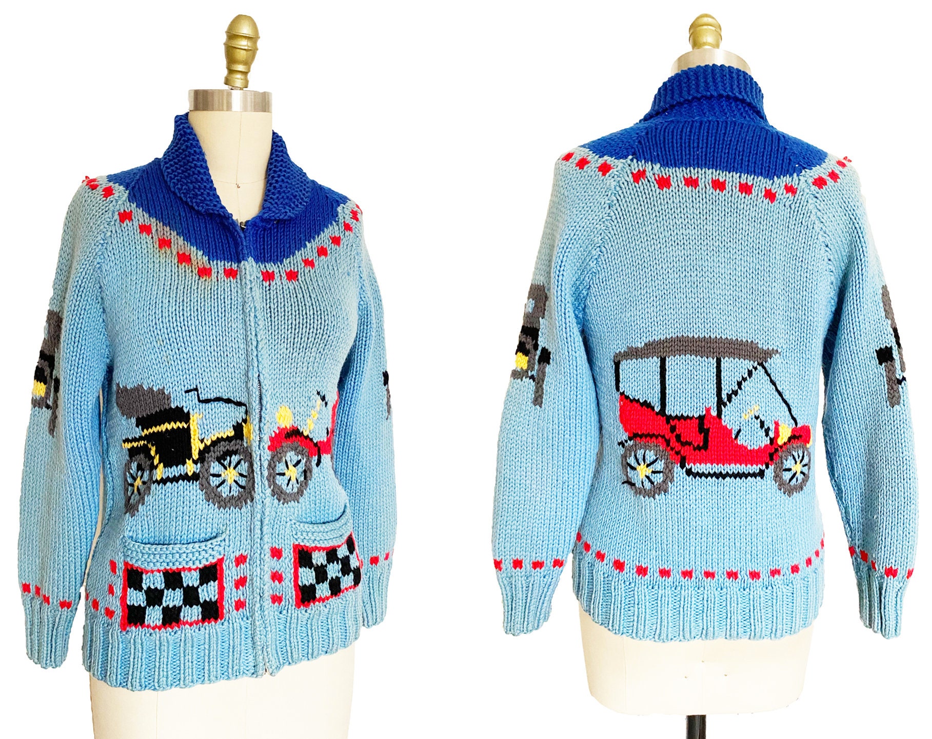 Vintage 1950s Cowichan Old Model T Cars - Blue Race Strips Zip