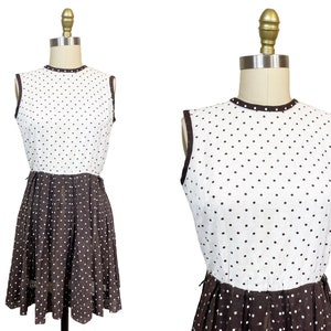 Vintage 1960s Brown White Polka Dot Dress- Junior Day Mod Cute Union Label Full Skirt  Waist-26&quot;