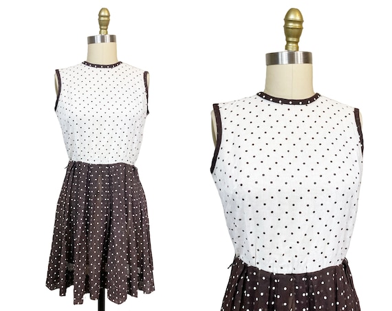 Vintage 1960s Brown White Polka Dot Dress- Day Mo… - image 1