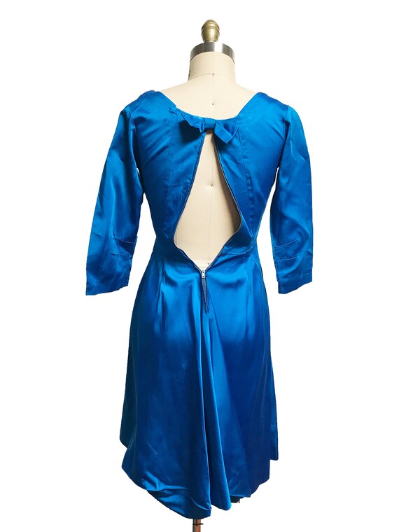 Vintage 1960's  Blue Satin Dress- Long Sleeve Bow… - image 4