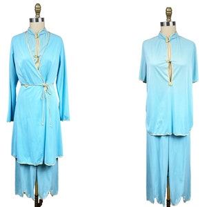 Vintage 1960s Light Blue Three Piece Pajama Robe Pant Shirt Set - Sears Gold Trim I Dream a Jeannie