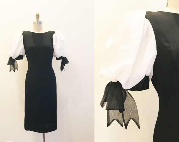 Vintage 1980's White Puff Sleeve Little Black Dres