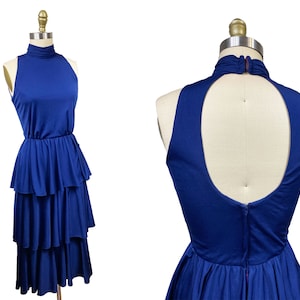 Vintage marineblauwe Lilli Diamond-jurk jaren 70 - drie lagen, grote uitgesneden taille met open achterkant: 25,75