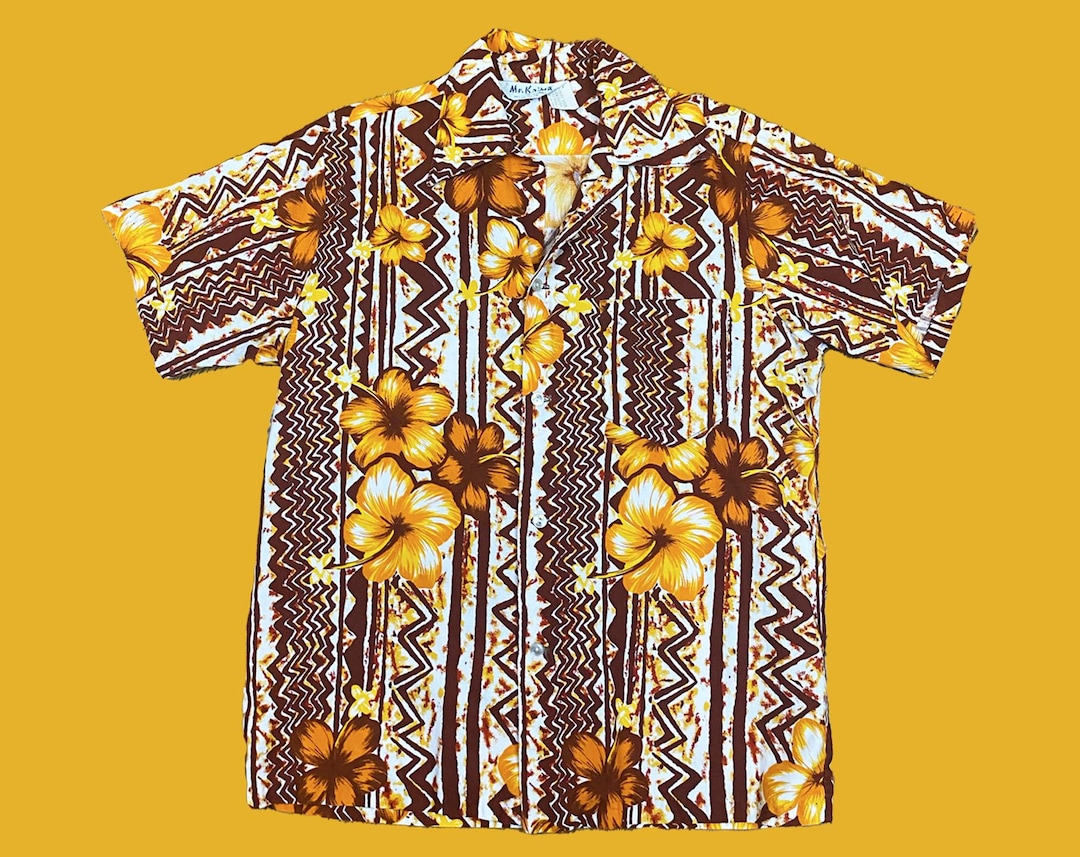 Vintage 1970s Brown Aloha Shirt - Hawaiian Tiki Orange White