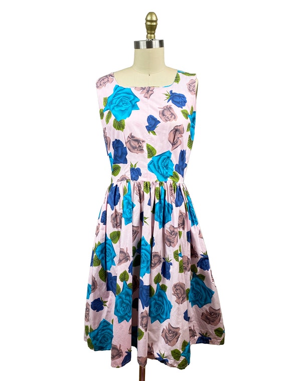 Vintage 1950s Light Pink Blue Rose Dress - Printe… - image 2