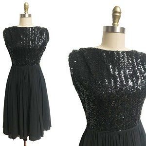 Vintage 1950s Black Sequin Dress - Sheer Skirt Cocktail Evening Dress Waist:24"