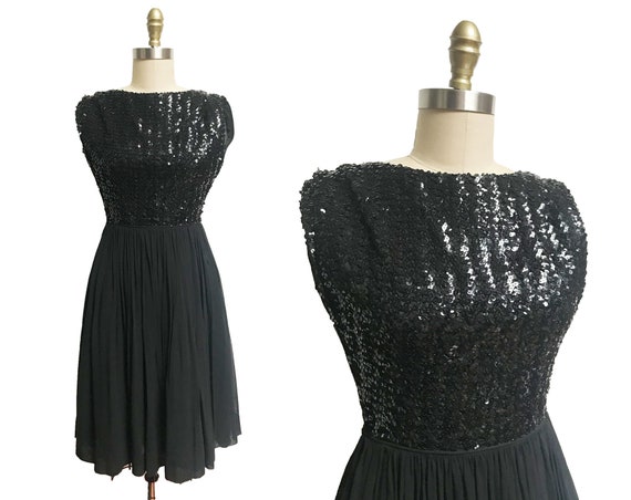Vintage 1950s Black Sequin Dress - Sheer Skirt Co… - image 1