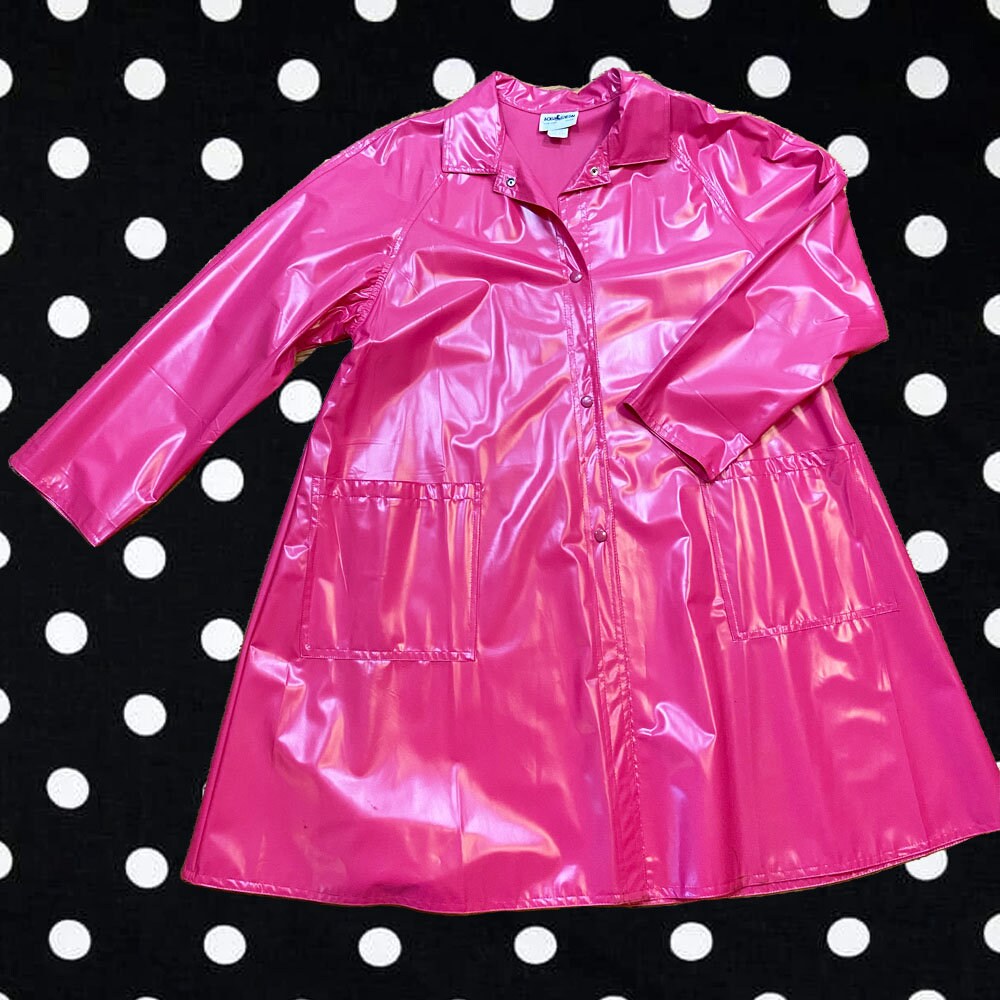 Vintage 1980s Pink Raincoat Aqua Sheen Large Pockets Vinyl Long Size M XL Etsy UK