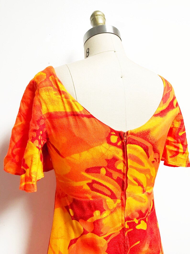 Neon Orange Floral Fire Tiki Beautiful Waist-30 Vintage 1960s Hawaiian Barkcloth Dress