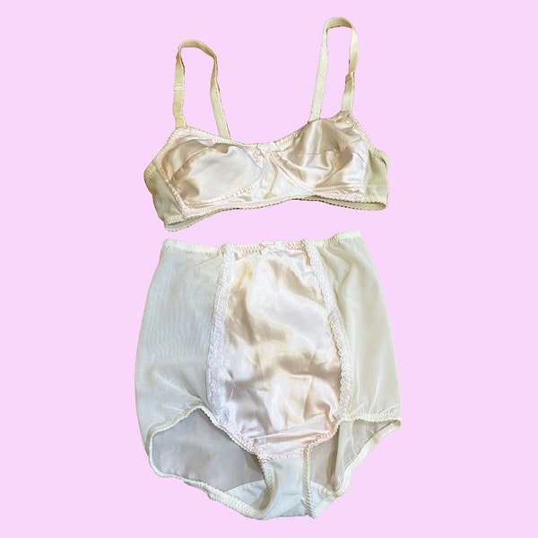 Vintage 1940s 1950s Inspired Lingerie Set - Vixen Vintage Pink white Bra Underwear Set 32B Small