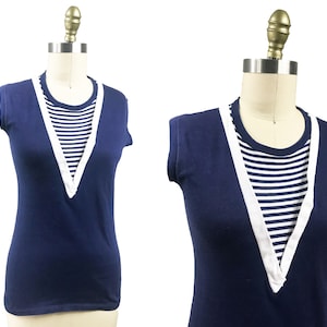 Vintage 1960s Tank Top - Navy Blue and White Striped Sailor Tank Top Size Small
