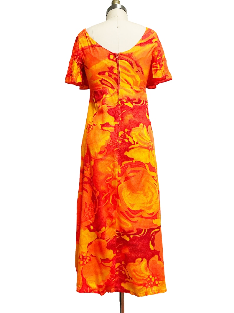 Neon Orange Floral Fire Tiki Beautiful Waist-30 Vintage 1960s Hawaiian Barkcloth Dress
