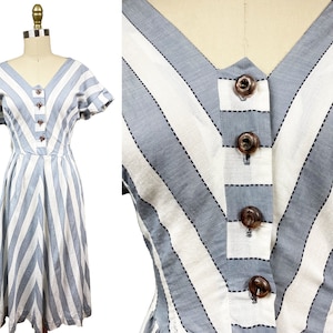 Vintage 1940s Grey White Striped Dress - Button Front Cotton Waist: 29&quot;