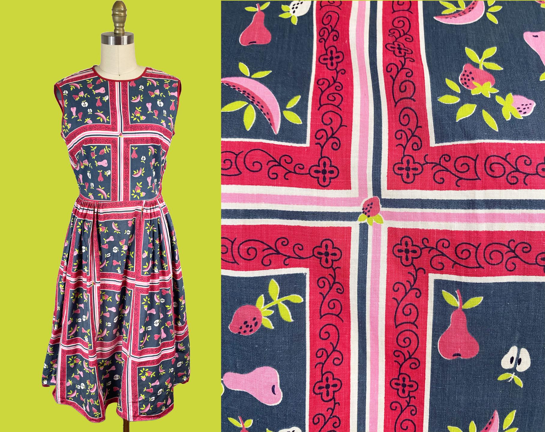 Vintage 1950s Strawberry Pear Novelty Print Dress -Fruit Apple Fruit Red Pink Black Square Waist: 28"