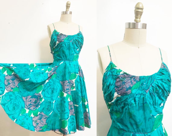 Vintage 1950's Blue Purple Rose Dress - Full Circl