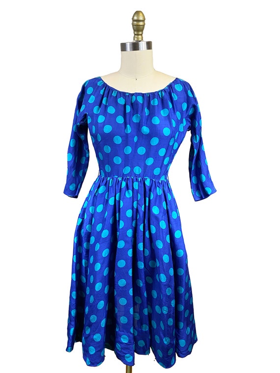 Vintage 1950's Blue Polka Dot Dress- Teal Circle … - image 2