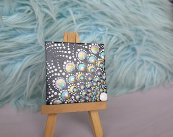 Mini Mandala Canvas Painting, Teal Purple Gold Dot Art, Small Square Wall Decor with Easel, Hand Painted Boho Gift