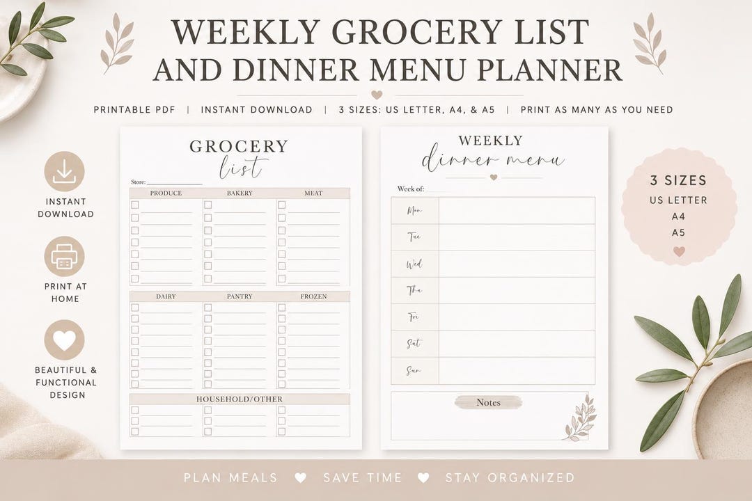 Minimalist Meal Planner Printable | Weekly Dinner Menu, Grocery List ...