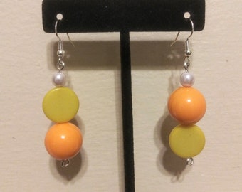 2" Dangle Earrings with Faux Pearl, Orange and Yellow Beads Spring Summer Jewelry