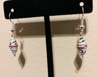 Women&#39;s, Girl&#39;s White, Black, Red and Green Recycled Paper Bead Dangle Earrings