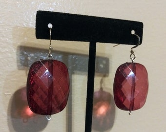 Statement Ruby Red Rectangular Crystal Cut Classy Beaded Dangle Earrings Made with Repurposed Materials Christmas Gift for Her