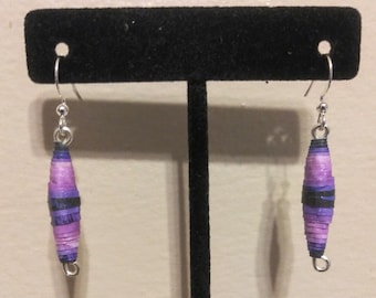 Long, Unique, Purple, Blue, Pink and Black Paper Bead Dangle Earrings Recycled Accessories