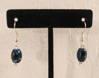 Small, Dainty Navy Blue Cylinder Beaded Earrings with Light Blue Speckles