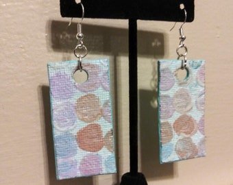 3&quot; Baby Blue Rectangle Acrylic Painted Canvas Dangle Earrings with Purple and Orange Polkadots