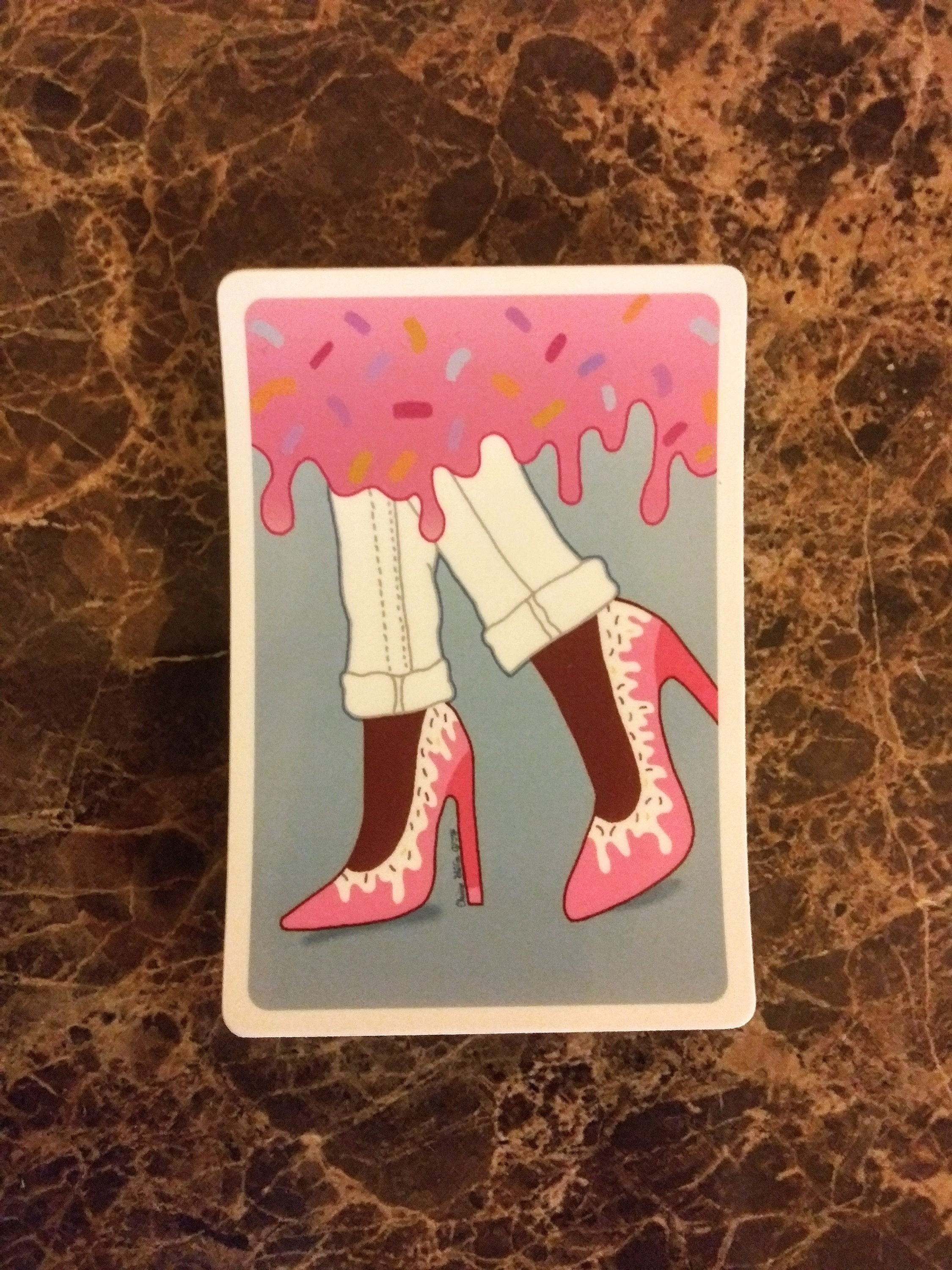 Valentine's Day 2.5" x 3.6" Cute Girly Pastel Brown Skinned Woman in Pink High Heels with Pink Dripping Icing and Sprinkles Sticker