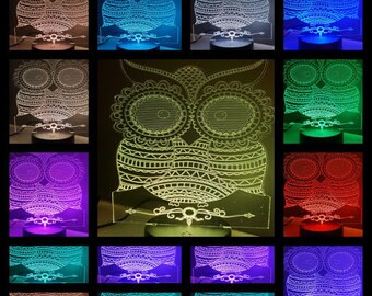 OWL , LED color changing, Engraved acrylic lamp, with remote control. USB or Battery.