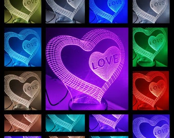 3d double Heart, LED color changing, Engraved acrylic lamp, with remote control. USB or Battery.